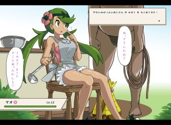 1boy 1girl breasts dark-skinned_female dark-skinned_male dark_skin flower green_eyes green_hair grey_overalls hair_flower hair_ornament heads-up_display highres imminent_rape knkmn ladle large_breasts low_twintails mallow_(pokemon) nintendo outdoors overall_shorts overalls pink_shirt pokemon pokemon_sm rope shirt sitting translated twintails user_interface
