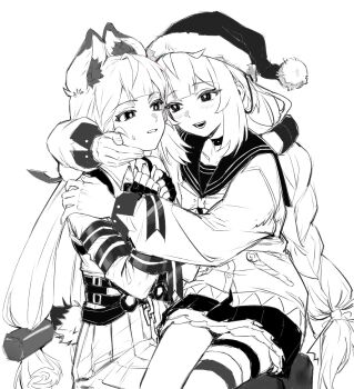 2girls alice_thymefield animal_ear_fluff animal_ears black_gloves black_sailor_collar black_skirt blush braid braided_twintails chest_bow commentary cowboy_shot fingerless_gloves gloves greyscale hair_ornament hand_on_another's_face hat highres long_hair looking_at_another low_twintails monochrome multiple_girls open_mouth parted_lips pom_pom_(clothes) rabbit_ears rabbit_girl rabbit_tail sailor_collar santa_hat shirt simple_background sitting sitting_on_lap sitting_on_person skirt sphere_hair_ornament sweatdrop tail thigh_strap twintails ukinami_yuzuha white_background white_shirt yuri zenless_zone_zero zx277x