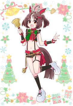 1girl absurdres animal_ears bell breasts brown_eyes brown_hair christmas fake_horns full_body gran_alegria_(smile_my_way!)_(umamusume) gran_alegria_(umamusume) hair_ornament hairband highres horns horse_ears horse_girl horse_tail looking_at_viewer midriff navel simple_background small_breasts solo standing standing_on_one_leg tail tokidome_zamao umamusume x_hair_ornament