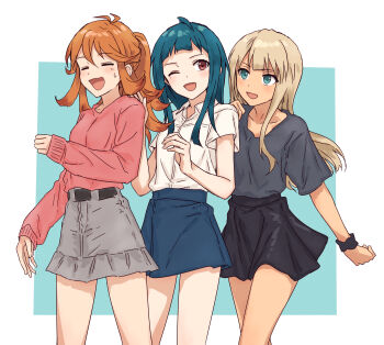 3girls :d ;d =_= ahoge alessandra_susu antenna_hair aqua_background aqua_eyes black_skirt blue_hair blue_skirt border brown_hair closed_eyes collarbone collared_shirt commentary_request cowboy_shot frilled_skirt frills grey_shirt grey_skirt highres long_hair long_sleeves miniskirt multiple_girls nervous_smile one_eye_closed open_mouth orange_hair outside_border pink_sweater ponytail red_eyes shirt short_sleeves sidelocks simple_background skirt sleeves_past_wrists smile sweatdrop sweater tan tendouji_musubi tokyo_7th_sisters usuta_sumire white_border white_shirt yukitake_(bullfalk)