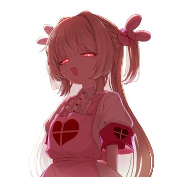 Rule 34 | 1girl, apron, armband, backlighting, blonde hair, commentary, hair ornament, hashtag-only commentary, heart, heart print, long hair, looking at viewer, nakunaro, natori sana, natori sana (nurse), open mouth, pink apron, rabbit hair ornament, red eyes, sana channel, shirt, short sleeves, solo, virtual youtuber, white shirt, wings