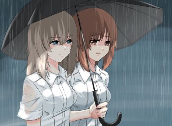 2girls black_umbrella blue_eyes brown_eyes brown_hair closed_mouth commentary girls_und_panzer grey_sky highres holding holding_umbrella itsumi_erika kuromorimine_school_uniform looking_at_another looking_at_viewer medium_hair multiple_girls nishizumi_miho open_mouth overcast school_uniform see-through_clothes shared_umbrella shirt short_hair short_sleeves silver_hair sky smile standing summer_uniform umbrella wet wet_clothes wet_shirt white_shirt wing_collar yaegashi_isa