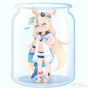 1girl animal_ears arm_at_side artist_logo belly bikini bikini_under_clothes blonde_hair blue_background blue_bikini blue_coat blue_eyes blue_hair blue_nails blue_sandals blue_shorts bucket cat_ears cat_girl closed_mouth coat collarbone constricted_pupils dot_nose female_focus fish_tail flat_chest full_body hand_on_own_hip holding holding_bucket indie_virtual_youtuber jar logo loli long_hair looking_afar low_twintails multicolored_coat multicolored_hair multicolored_sandals nail_polish nervous nervous_smile oscarlllll plump sameko_saba sandals scared shaded_face shark_girl shark_tail shorts simple_background sleeveless sleeveless_coat smile solo standing swimsuit tail toenail_polish toenails toes twintails two-tone_coat two-tone_hair two-tone_shorts variant_set virtual_youtuber white_coat white_sandals white_shorts yellow_sandals
