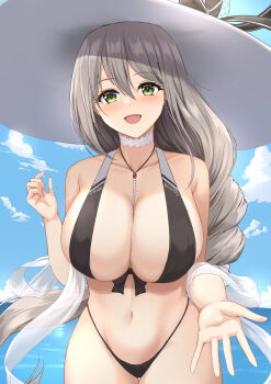 1girl absurdres aquila_(azur_lane) aquila_(sardegnian_shallows_and_sunshine)_(azur_lane) azur_lane bikini black_bikini breasts choker hat highleg highleg_bikini highres large_breasts monokini navel offering_hand official_alternate_costume solo sun_hat swimsuit white_choker white_hat yanazawa_ko