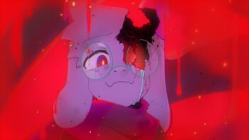 1boy animal_ears commentary crumbling deltarune fangs furry furry_male glasses goat_boy goat_ears green-framed_eyewear hashtag-only_commentary highres hole_in_head male_focus marshmallow_(vocaloid) pink_scarf portrait ralsei red_background red_eyes round_eyewear samuton9574 scarf solo utdr_(toby_fox)