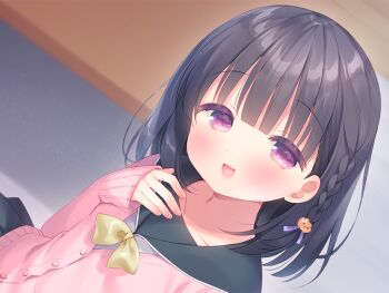 1girl black_hair blush braid cardigan flat_chest game_cg hair_ornament kazari_(mainichi_kiss_shite_lolita) large_variant_set looking_at_viewer mainichi_kiss_shite_lolita medium_hair non-web_source open_mouth pink_cardigan pink_eyes side_braid skirt solo usashiro_mani variant_set