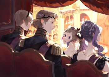 2boys 2girls ahoge ai-wa blonde_hair brother_and_sister brothers brown_hair camilla_(fire_emblem) curtains drill_hair elise_(fire_emblem) european_clothes fire_emblem fire_emblem_fates hair_bun highres jewelry leo_(fire_emblem_fates) looking_back multiple_boys multiple_girls necklace nintendo purple_eyes purple_hair red_eyes siblings sisters sitting twin_drills xander_(fire_emblem)