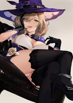 1girl black_footwear black_gloves black_thighhighs breasts brown_hair chair cleavage covered_erect_nipples dress flower genshin_impact gloves green_eyes hair_over_one_eye hair_over_shoulder hand_on_own_cheek hand_on_own_face hat hat_belt highres j@ck large_breasts lisa_(genshin_impact) low_tied_hair multicolored_dress panties purple_flower purple_hat purple_rose rose saliva sitting solo thighhighs thighs tongue tongue_out underwear white_panties witch witch_hat