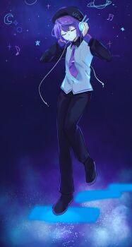 Rule 34 | 1girl, adjusting headphones, beret, black hat, black pants, black shoes, black sleeves, chromatic aberration, closed eyes, closed mouth, collared shirt, contrast collar, crescent moon, full body, grey shirt, hair between eyes, hands on headphones, hands up, hashtag-only commentary, hat, headphones, headset, highres, knees together feet apart, long sleeves, moon, musical note, necktie, pants, purple hair, purple necktie, purple trim, ramune55ni, robot ears, saturn (planet), shirt, shoes, short hair, simple background, solo, standing, standing on one leg, tie clip, u u, utane uta, utau, very short hair