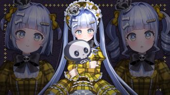 1girl aqua_eyes black_bow black_bowtie blue_hair bone_hair_ornament bonnet bow bowtie crown dress frilled_bonnet frills gold_dress hair_bow hair_ornament highres holding holding_stuffed_toy juliet_sleeves kanzarin lolita_fashion long_hair long_sleeves looking_at_viewer mini_crown multiple_views official_alternate_costume official_art plaid_bow plaid_clothes plaid_dress puffy_sleeves second-party_source short_hair skull_brooch smile stuffed_toy twintails two_side_up upper_body virtual_youtuber vspo! yano_kuromu yano_kuromu_(3rd_costume)