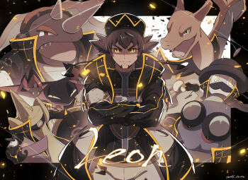 1boy aegislash artist_name baseball_cap black_hair champion_uniform character_name charizard closed_mouth commentary_request crossed_arms dragapult dreepy facial_hair gen_1_pokemon gen_4_pokemon gen_5_pokemon gen_6_pokemon gen_8_pokemon hat highres leon_(pokemon) long_hair long_sleeves looking_at_viewer male_focus mr._rime nintendo odd_(hin_yari) pokemon pokemon_(creature) pokemon_swsh rhyperior seismitoad shirt shorts smile watermark yellow_eyes
