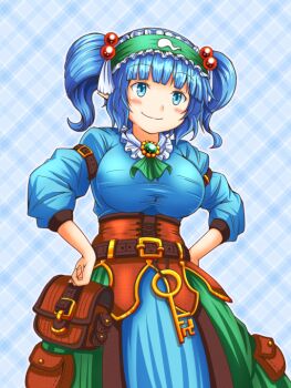 1girl alternate_costume blue_eyes blue_hair breasts erechan kawashiro_nitori large_breasts pointy_ears touhou