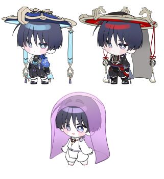 3boys :< :3 aqua_hair armor arms_at_sides barefoot belt black_belt black_bodysuit black_bow black_bridal_gauntlets black_hair black_kimono black_sandals black_shorts black_sleeves blue_cape blue_eyes blue_gemstone blue_hat blue_kimono blue_sleeves blunt_ends blush_stickers bodysuit bow bridal_gauntlets bridal_legwear bright_pupils cape chibi chibi_only closed_mouth clothing_cutout feathers full_body furisode gem genshin_impact gold gold_ring grey_veil hair_intakes hakama hakama_shorts hat highres japanese_armor japanese_clothes jewelry jingasa juban kariginu kimono kote kurokote layered_shorts layered_sleeves leg_warmers long_sleeves looking_at_viewer looking_to_the_side middle_ring mitsudomoe_(shape) multicolored_hair multiple_boys multiple_persona neck_ring open_clothes open_kimono open_mouth pants pelvic_curtain pleated_shorts pom_pom_(clothes) purple_rope purple_sash purple_shorts purple_sleeves purple_veil red_hair red_hat red_kimono red_sash rope sandals sash scaramouche_(genshin_impact) scaramouche_(kabukimono)_(genshin_impact) see-through_clothes see-through_veil shimenawa short_sleeves shorts shoulder_cutout skalamushu standing stirrup_legwear streaked_hair string tassel toeless_legwear tomoe_(symbol) veil wanderer_(genshin_impact) white_background white_kimono white_leg_warmers white_pants white_pupils white_rope white_sleeves white_trim wide_sleeves wispy_bangs yellow_feathers zouri