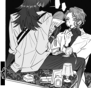 Rule 34 | 1boy, 1girl, applying lipstick, applying makeup, aseah (project moon), blank speech bubble, box, commentary request, gloves, greyscale, hand up, hermann (project moon), holding, holding paper, lamp, limbus company, long hair, monochrome, pants, paper, parted lips, picture frame, project moon, shirt, short hair, sitting, sitting on table, speech bubble, talking, tama launcher