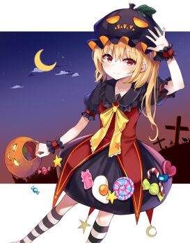 1girl absurdres alternate_costume alternate_headwear black_dress black_hat black_socks blonde_hair blush bow bowtie candy candy_cane cloud collared_dress commentary crescent_moon cross dress flandre_scarlet food fried_egg frilled_wrist_cuffs frills halloween halloween_bucket halloween_costume hat highres holding holding_halloween_bucket jack-o'-lantern_hat kneehighs lollipop long_hair missing_wings moon night one_side_up puffy_short_sleeves puffy_sleeves red_eyes red_wrist_cuffs satori_(kxdm8872) short_sleeves socks solo star_(sky) star_(symbol) striped_clothes striped_socks swirl_lollipop touhou two-tone_socks white_socks wrapped_candy wrist_cuffs yellow_bow yellow_bowtie