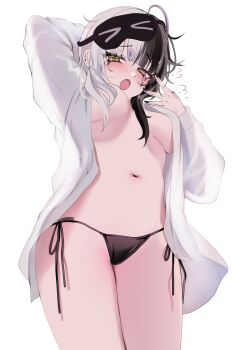 1girl absurdres acedia ahoge arm_up black_hair black_panties breasts commentary english_commentary fang grey_hair hand_up highres hololive hololive_english large_breasts long_hair long_sleeves looking_at_viewer makeup mask mask_on_head medium_breasts multicolored_hair navel nearly_naked_shirt no_bra open_clothes open_mouth open_shirt paid_reward_available panties runny_makeup shiori_novella shirt side-tie_panties sidelocks simple_background sleep_mask solo split-color_hair stomach string_panties topless_female underwear virtual_youtuber white_background white_shirt yellow_eyes