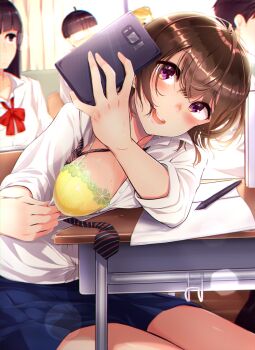 2girls 3boys :d black_neckwear blue_skirt blush bowl_cut bra breasts brown_hair cellphone classroom desk flashing glasses highres holding holding_phone indoors mappaninatta medium_breasts medium_hair multiple_boys multiple_girls open_mouth oppai_challenge original pen phone purple_eyes school_uniform selfie short_hair sitting skirt smartphone smile solo_focus striped_neckwear sweatdrop taking_picture underwear yellow_bra