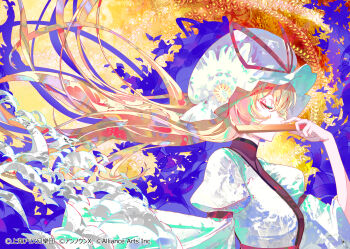 Rule 34 | 1girl, absurdres, blonde hair, breasts, closed eyes, commentary request, dress, from side, hand fan, hat, highres, holding, holding fan, mob cap, mont blanca, profile, purple dress, solo, touhou, touhou danmaku kagura, white dress, white hat, yakumo yukari