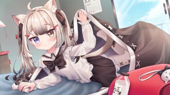 1girl absurdres ahoge akimiya_yamiku animal_ear_fluff animal_ears backpack bag bag_charm bed bed_sheet black_bow black_bowtie black_hair black_ribbon black_skirt blanket blue_eyes blue_sky blush borrowed_character bottle bow bowtie calendar_(object) cat_ears cat_girl cat_tail charm_(object) closed_mouth cloud collared_shirt day frilled_shirt_collar frilled_skirt frills gradient_hair grey_hair hair_ornament hair_ribbon hairclip heterochromia highres indoors loli long_hair long_sleeves looking_at_viewer lying milk_bottle miniskirt multicolored_hair nono_(comodox) on_bed on_stomach original pantyhose pleated_skirt print_pantyhose randoseru red_bag ribbon shirt sidelocks skirt sky smile solo tail tail_bow tail_ornament twintails under_covers unworn_backpack unworn_bag white_pantyhose white_shirt window yellow_eyes