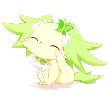 Rule 34 | animal, animal focus, animalization, blush, butterfly hair ornament, closed eyes, commentary request, creature, creature focus, dog, flower, hair ornament, highres, jewelpet (creature), jewelpet (series), master nabesama, no humans, peridot (jewelpet), scratching, simple background, sitting, solo, white background