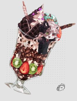 1other animification black_hair black_jacket black_skin chibi chibi_only collared_shirt colored_skin crown cup dream_smp food formal_clothes freckles fruit green_eyes heterochromia horns in_food jacket kiwi_(fruit) kiwi_slice minecraft_youtube mini_person multicolored_hair necktie other_focus oversized_food oversized_object pants parfait pointy_ears ranboo red_eyes red_necktie shirt short_hair simple_background smile solo split-color_hair split-color_skin sprinkles strawberry strawberry_slice suit swaglord6942069 tail two-tone_hair white_hair white_skin