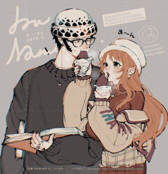 1boy 1girl black_hair black_nails black_sweater blush book breasts character_name commentary_request dated earrings feeding food glasses hand_tattoo hat heart height_difference holding holding_book holding_food jacket jewelry large_breasts long_hair long_sleeves looking_at_another nami_(one_piece) necklace official_alternate_costume one_piece open_clothes open_jacket open_mouth orange_hair pearl_earrings red_nails red_sweater steam sweatdrop sweater sweet_potato tattoo trafalgar_law turtleneck turtleneck_sweater twitter_username upper_body white_hat yum_xoxo_yum