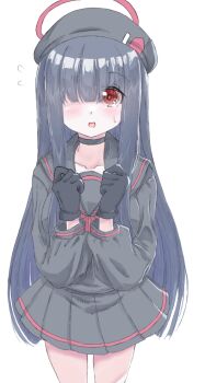 1girl :d beret black_gloves black_hair black_hat black_sailor_collar black_serafuku black_shirt black_skirt blue_archive blush commentary_request cowboy_shot flying_sweatdrops gloves hair_over_one_eye halo hands_up hat justice_task_force_member_(blue_archive) long_hair long_sleeves looking_at_viewer norippe_(user_zgsf8872) open_mouth pleated_skirt puffy_long_sleeves puffy_sleeves red_eyes sailor_collar school_uniform serafuku shirt simple_background skirt small_sweatdrop smile solo standing sweat very_long_hair white_background