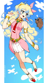 Rule 34 | 1girl, armlet, artist name, bare shoulders, blonde hair, blue hair, boota (ttgl), bracelet, commentary, cross-shaped pupils, dress, full body, gold armlet, gold bracelet, gold hairband, green eyes, hairband, highres, jewelry, long hair, mole, necktie, nia teppelin, open mouth, pink dress, qewie, red necktie, shoes, skirt, solo focus, sunglasses, symbol-shaped pupils, tengen toppa gurren lagann, watermark