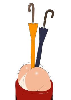 1girl anal anal_object_insertion ass ass_focus dark_skin double_penetration forniphilia highres huge_ass human_furniture lovelovemaid lower_body mizuki_yukikaze nude object_insertion one-piece_tan ribbon shiny_skin stuck taimanin_(series) taimanin_yukikaze tan tanline trembling umbrella vaginal vaginal_object_insertion what white_background