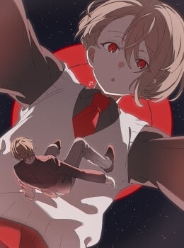 1boy 1girl :o @_@ anime_coloring asymmetrical_hair black_jacket black_shirt blazer bloom brown_hair brown_shoes carrie-chan carrie_(song) collared_shirt commentary expressionless floating giant giantess grey_pants hair_between_eyes highres jacket kagami_hayato kagami_hayato_(1st_costume) loafers long_sleeves looking_at_viewer mosuko necktie night night_sky nijisanji pants red_eyes red_necktie red_skirt school_uniform shirt shoes short_hair signature single_sidelock skirt sky star_(sky) sweater_vest white_shirt white_sweater_vest wing_collar