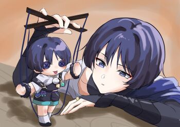 1boy :t arm_rest armor black_bodysuit black_bridal_gauntlets blue_cape blue_pupils blunt_ends bodysuit bridal_gauntlets button_eyes buttons cape character_doll cheek_bulge closed_mouth covered_collarbone doll eyeliner eyeshadow genshin_impact gold_ring hand_up head_on_arm head_rest highres japanese_armor japanese_clothes kimono kote kurokote looking_at_object makeup male_focus marionette marionette_controller middle_ring orange_background puppet puppet_strings purinigax purple_eyes red_eyeliner red_eyeshadow scaramouche_(cat)_(genshin_impact) scaramouche_(genshin_impact) shoulder_peek solo tsurime wanderer_(genshin_impact) white_kimono wispy_bangs