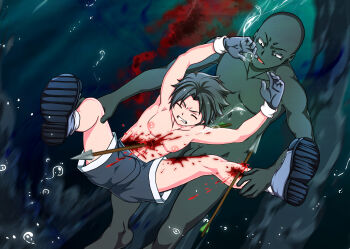 2boys absurdres armpits asphyxiation black_skin blood blood_splatter bubble closed_eyes colored_skin corpse dark-skinned_male dark_skin death dying firing gay gloves guro highres male male_focus male_gore male_ryona monotorino_guuwa multiple_boys muscular muscular_child muscular_male necrophilia nipples original rope ryona shoes shoot shorts shot shota skewer sneakers thighs water