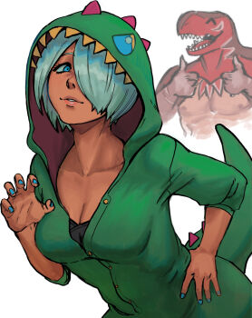 1girl angel_(kof) animal_head blue_eyes breasts cleavage costume curvy dinosaur_boy dinosaur_costume fluffy hair_over_one_eye highres king_of_dinosaurs large_breasts looking_at_viewer luchador luchador_mask mask minasheep short_hair smile snk the_king_of_fighters the_king_of_fighters_xiv toned toned_female white_hair wrestler wrestling_mask