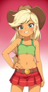 1girl applejack artist_name belt blonde_hair blush brown_belt brown_hat cowboy_hat cowboy_shot crop_top female_focus flat_chest freckles gradient_background green_eyes green_shirt grin hand_on_own_hip hasbro hat highres loli long_hair looking_at_viewer midriff miniskirt my_little_pony my_little_pony:_friendship_is_magic navel outie_navel oxidel personification pleated_skirt red_background red_skirt shirt sidelocks signature simple_background skirt smile solo standing tan teeth very_long_hair white_background