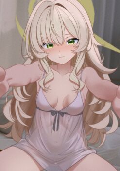 1girl absurdres blonde_hair blue_archive blush breasts camisole closed_mouth commentary english_commentary eyebrows_hidden_by_hair green_eyes hair_between_eyes hair_over_one_eye halo highres hug hug_invitation lingerie long_hair looking_at_viewer negligee on_bed outstretched_arms professor_niyaniya_(blue_archive) see-through_camisole see-through_clothes small_breasts solo underwear underwear_only xueli_shimazaki yellow_halo