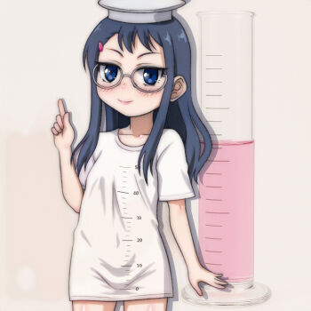 1girl black_hair blue_eyes blush clothes_writing collarbone flat_chest glasses graduated_cylinder-chan_(t_jiroo) hair_ornament hairclip hat index_finger_raised liquid loli long_hair looking_at_viewer measuring_cylinder mortarboard original oversized_clothes oversized_shirt personification pink_liquid print_shirt pun shirt short_sleeves smile standing t_jiroo_(ringofriend) test_tube white_background white_hat white_shirt