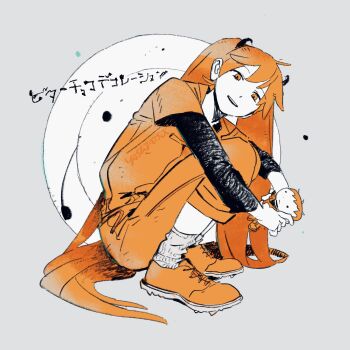 1girl bitter_choco_decoration_(vocaloid) character_doll cosplay daiki_amano daiki_amano_(cosplay) doll hatsune_miku highres jumpsuit layered_sleeves limited_palette long_sleeves orange_eyes orange_hair orange_jumpsuit plate shoes short_over_long_sleeves short_sleeves smile sneakers socks song_name squatting vocaloid yasutatsu_(amazu)