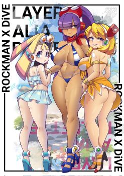 3girls alia_(mega_man) android artist_name ass bikini bikini_skirt blonde_hair blue_bikini blue_eyes blush breasts character_name chocotoffy copyright_name dark-skinned_female dark_skin detached_hair frilled_bikini frills full_body green_eyes high_ponytail highres joints large_breasts layer_(mega_man) long_hair looking_at_viewer mega_man_(series) mega_man_x_(series) mega_man_x_dive mole mole_under_eye multiple_girls official_alternate_costume orange_bikini orange_sarong pallette_(mega_man) pear-shaped_figure ponytail purple_hair robot_girl robot_joints sarong small_breasts swimsuit white_bikini