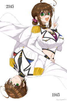 1boy 1girl admiral_(kancolle) ahoge black_choker black_necktie blush bra breast_pocket breasts brown_hair cape chamumi_(mochiumee) choker cleavage commentary_request crop_top epaulettes female_admiral_(kancolle) folded_ponytail gloves green_eyes hand_on_own_hip hand_up highres jacket kantai_collection large_breasts midriff military_jacket miniskirt mole mole_on_breast mole_on_stomach mole_under_mouth necktie open_mouth pocket simple_background single_glove skirt smile solo underwear v white_background white_cape white_gloves white_jacket