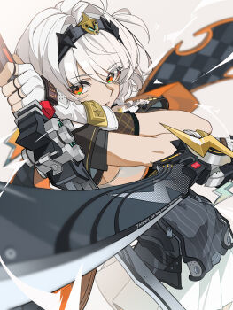 1girl absurdres ahoge anby_demara anby_demara_(silver_soldier) black_hairband blurry blurry_foreground braid braided_sidelocks commentary_request covered_navel cowboy_shot crossed_arms dual_wielding fingerless_gloves gloves grey_background grey_hair hair_intakes hairband highres holding holding_sword holding_weapon jizaier leaning_back looking_at_viewer motion_blur motion_lines orange_eyes parted_bangs short_hair shrug_(clothing) sideboob_cutout skirt solo sword weapon white_gloves white_shrug white_skirt zenless_zone_zero