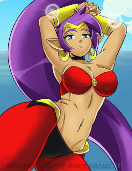 Rule 34 | 1girl, armpits, arms behind head, blue eyes, bra, bracelet, breasts, dark-skinned female, dark skin, datwondoude, earrings, highres, jewelry, large breasts, legs, long hair, looking at viewer, midriff, navel, pants, parted lips, pointy ears, ponytail, purple hair, seductive gaze, shantae, shantae (series), teeth, thighs, underwear, very long hair