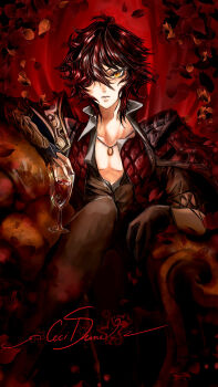 1boy alcohol black_gloves black_jacket cecilshine code_vein collared_shirt gloves hair_between_eyes highres jacket jewelry looking_at_viewer louis_(code_vein) necklace partially_unbuttoned red_wine shirt short_hair signature single_glove solo white_shirt wine yellow_eyes