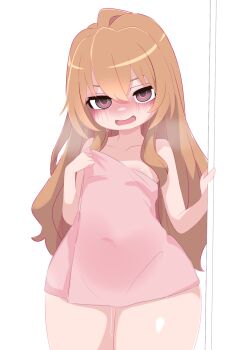 1girl aisaka_taiga areola_slip bare_shoulders blush breasts brown_eyes brown_hair collarbone covered_navel cowboy_shot curvy flat_chest hair_between_eyes kukuchi581 kyojiri_loli loli long_hair looking_at_viewer naked_towel open_mouth pussy_juice simple_background small_breasts smile solo standing thick_thighs thighs toradora! towel white_background wide_hips