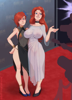 Rule 34 | 2girls, anklet, annoyed, averting eyes, batterbee, black choker, black dress, black shoes, blue eyes, blue shoes, bracelet, breasts, camera flash, choker, closed mouth, commission, covered erect nipples, crowd, dress, full body, gardnerverse, hand on another's shoulder, highres, holding, holding microphone, jewelry, large breasts, long hair, looking to the side, marty gardner, microphone, multiple girls, open mouth, piper reid, red carpet, red hair, see-through clothes, see-through dress, shoes, short hair, silhouette, small breasts, smile, white dress