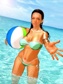 1girl ball beachball bikini bikini_tan black_hair blue_eyes breasts brown_hair day earrings green_bikini jewelry kill_the_king large_breasts long_hair lowleg lowleg_bikini navel ocean outdoors solo swimsuit tan tanline wading water