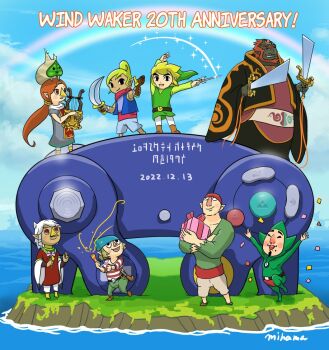 2girls 6+boys anniversary artist_name bandana blonde_hair blue_bandana blue_sky controller dark-skinned_male dark_skin dated english_text fado_(wind_waker) game_controller gamecube_controller ganondorf gift gonzo_(zelda) grass green_shirt green_tunic harp holding holding_gift holding_sword holding_weapon instrument island kokiri komali link long_hair looking_at_viewer makar medli mihama66 multiple_boys multiple_girls niko_(zelda) nintendo open_mouth orange_hair outdoors rainbow red_bandana shirt short_hair sky striped_clothes striped_shirt sword tetra the_legend_of_zelda the_legend_of_zelda:_the_wind_waker tingle toon_link tunic water watermark weapon white_hair wind_waker_(object)