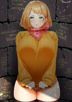 1girl amogus among_us ashley_graham blonde_hair blush breasts cameltoe chestnut_mouth cowboy_shot doodlebob dot_nose english_text eyelashes female_focus green_eyes highres large_breasts long_sleeves lulu-chan92 no_pants puffy_sleeves pussy_juice resident_evil resident_evil_4 shiny_skin short_hair solo sparkle spongebob_squarepants_(series) standing sweat thick_thighs thigh_gap thighs writing_on_wall