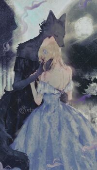 2girls artist_name black_dress blonde_hair blue_dress commentary dancing dress english_commentary flower full_moon furry furry_female hair_flower hair_ornament hand_in_another's_hair highres jewelry moon multiple_girls necklace original pearl_necklace sample_watermark stariwei tail watermark yuri