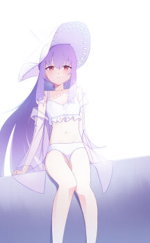 1girl absurdres ani_hero atsuko_(blue_archive) atsuko_(swimsuit)_(blue_archive) bikini blue_archive blush breasts cleavage commentary feet_out_of_frame frilled_bikini frills hair_between_eyes halo hand_on_floor hat highres jacket jacket_partially_removed long_hair looking_at_viewer navel purple_hair red_eyes see-through_clothes see-through_jacket sidelocks small_breasts solo sun_hat swimsuit white_bikini white_hat white_jacket