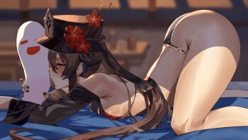 1girl all_fours animated animated_gif ass bare_shoulders bikini blush breasts brown_hair club3 detached_sleeves genshin_impact ghost hat hat_ornament hu_tao_(genshin_impact) long_hair medium_breasts open_mouth phallic_symbol red_eyes sexually_suggestive shiny_skin smile swimsuit thong tongue tongue_out top-down_bottom-up twintails very_long_hair